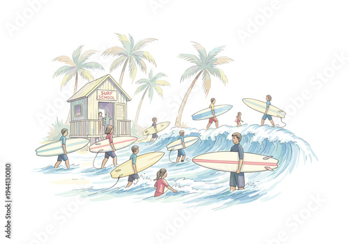 Surf school students with surfboards walking into the ocean with palm trees and a beach hut.