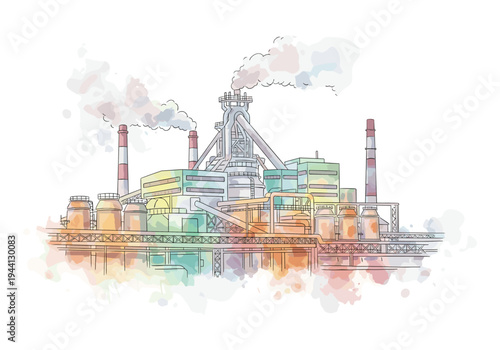 Watercolor illustration of a large industrial factory with smoking chimneys and pipelines