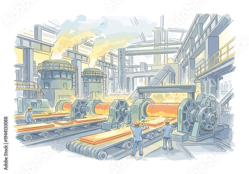 Industrial steel mill with workers overseeing hot metal rolling process and steam emissions