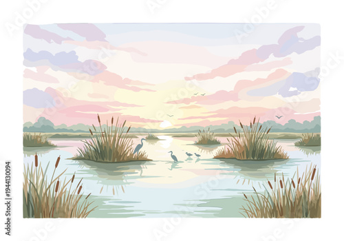 Serene marshland at sunrise with herons and cattails reflected in the calm water