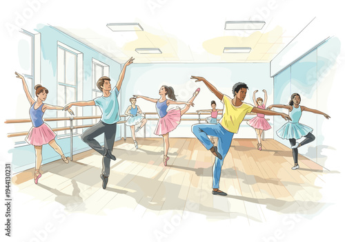 Diverse group of dancers practicing ballet in a bright studio with ballet barres and mirrors