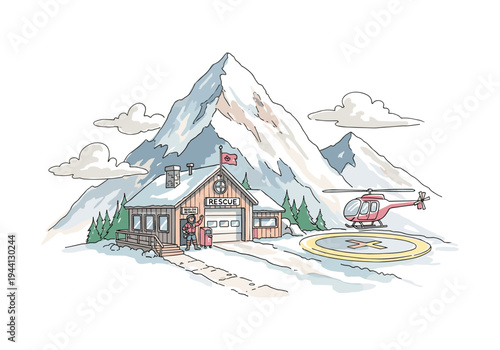 Mountain rescue station with helicopter and rescuer ready for action in snowy landscape
