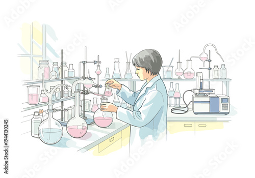 Scientist in a lab coat performs experiment with pink liquid in glassware and scientific equipment