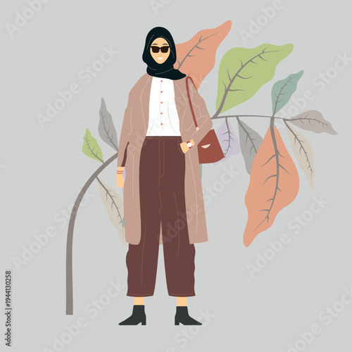 Elegant Arabian Female Character in Trendy Modest Clothing with Autumn Leaves Background.eps