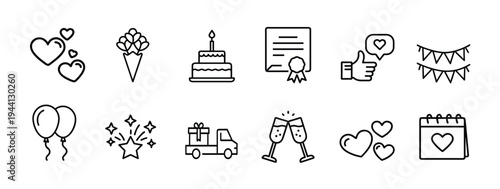 Celebration and party outline icon set featuring birthday cake and heart balloon for event decoration and more vector illustration or editable stroke