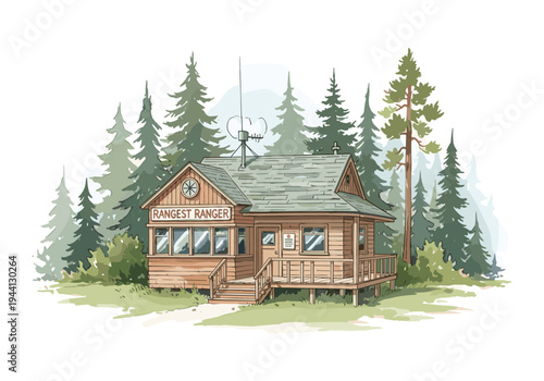 Illustration of a rustic wooden ranger station nestled among tall pine trees in a forest setting
