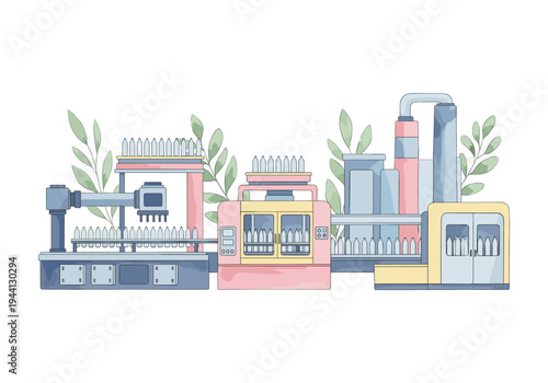 Automated bottle production line in a modern factory with industrial machinery and green plants