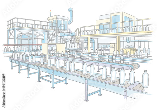 Automated bottle production line in a modern factory with conveyor belts and machinery