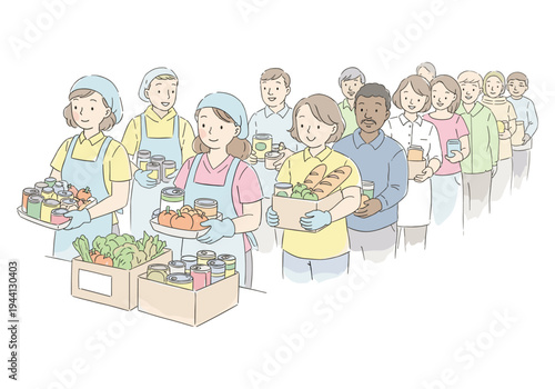 Diverse group of volunteers distributing food and canned goods in a line