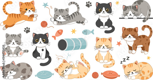 Cute Cat Cartoon Vector Set Featuring Adorable Kittens Playing, Sleeping, Sitting and Jumping with Yarn Balls, Fish Toys, Paw Prints and Pet Elements.