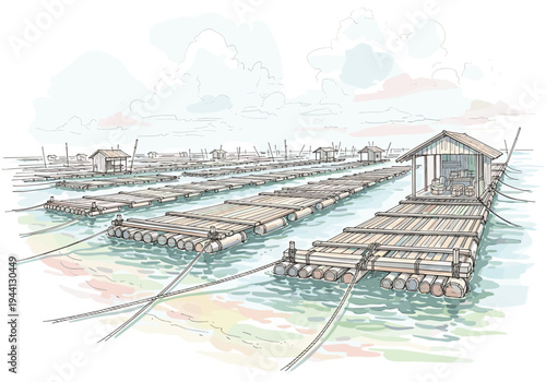 Serene illustration of a traditional floating bamboo raft aquaculture farm in calm waters