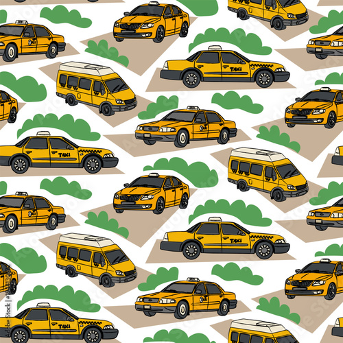 Seamless pattern with flat yellow taxi cars and minivans on city road with green bushes. Urban transport background for fabric print, wrapping paper, taxi service website or mobile app