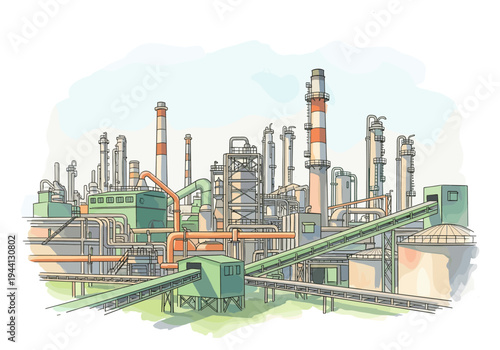 Industrial factory complex with pipes, towers, and storage tanks under a clear sky