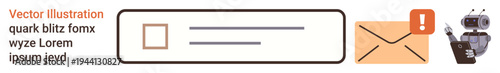 Email notifications, digital communication, automation, data management, AI technology, online security. Checkbox, envelope icon robot assistant. Email notifications and digital communication