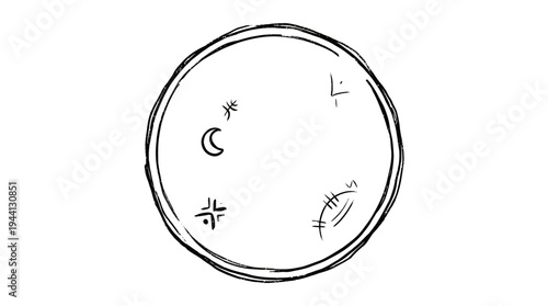 Circular illustration featuring celestial symbols and abstract marks, evoking a mystical ambiance