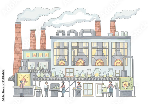 Cartoon glass factory with workers on assembly line creating bottles and windows