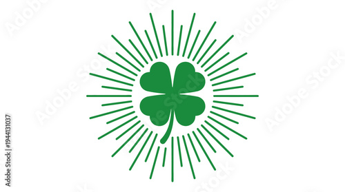 Green clover symbol radiating rays, representing luck and St. Patrick's Day celebrations