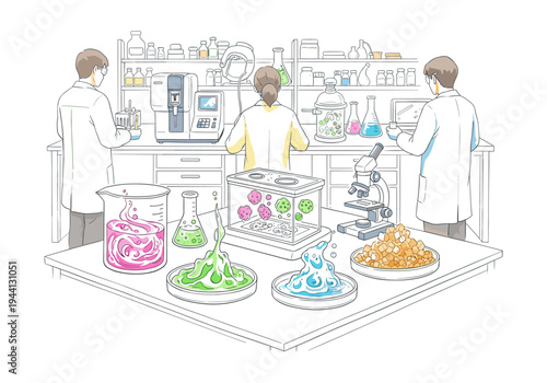 Scientists in a modern laboratory conducting experiments with colorful liquids and biological samples