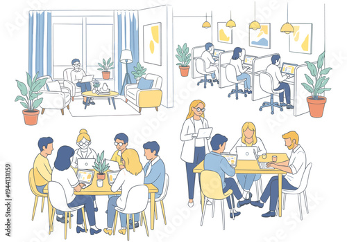 Diverse group of people collaborating and working remotely in various office and home settings