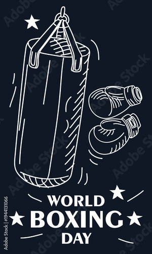 World Boxing Day vertical greeting card with outline punching bag and gloves isolated on dark background. Flat illustration for sports event banners, fitness club posters or social media posts