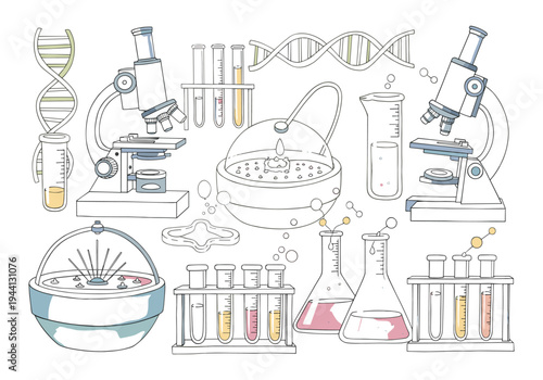 Doodle illustration of scientific research equipment and DNA strands