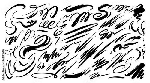 Abstract black ink strokes and scribbles on a white background, ideal for creative design projects