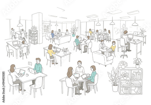 Diverse group of people working and collaborating in a modern, open-plan office space with laptops