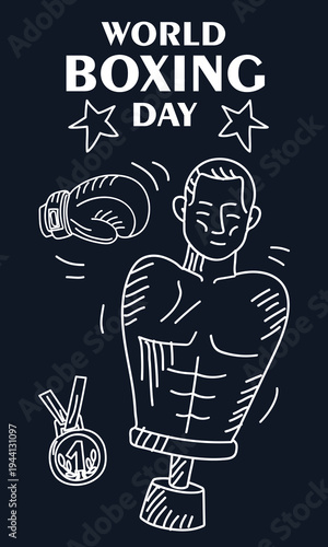 World Boxing Day vertical greeting card with outline training dummy, gloves and first place medal on dark background. Flat illustration for sports event banners or fitness club social media