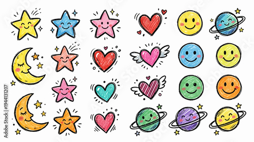 Colorful hand-drawn celestial doodles featuring stars, hearts, and planets on a white background