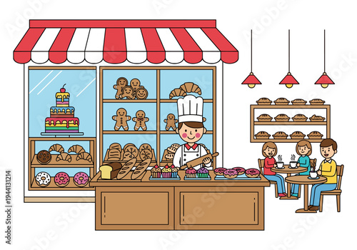 Friendly baker in uniform prepares delicious pastries at a charming bakery with customers enjoying treats