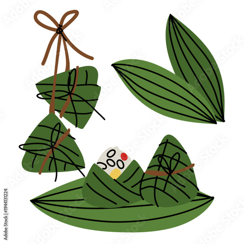 Flat illustration of traditional Chinese zongzi sticky rice dumplings wrapped in bamboo leaves. Asian food symbol for Dragon Boat Festival celebration, restaurant menu or cultural web banners