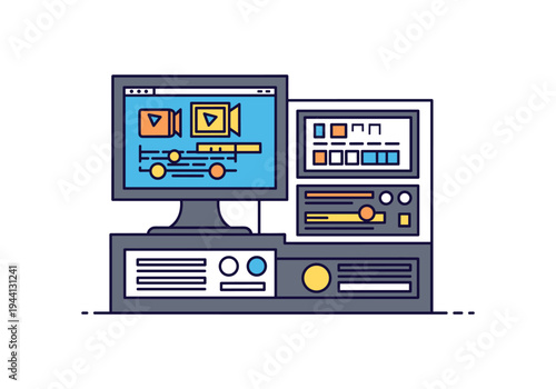 Modern computer setup for video editing with timeline and controls
