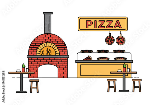 Traditional brick pizza oven with display and seating for a pizzeria