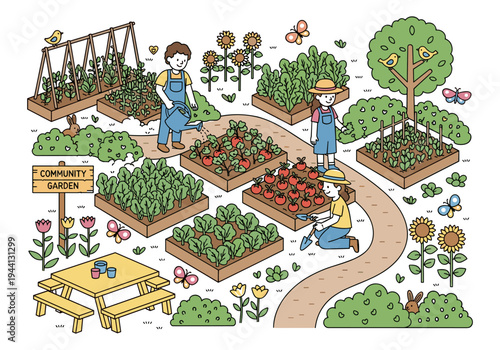 Diverse community garden scene with people tending to vegetables and flowers, promoting healthy living