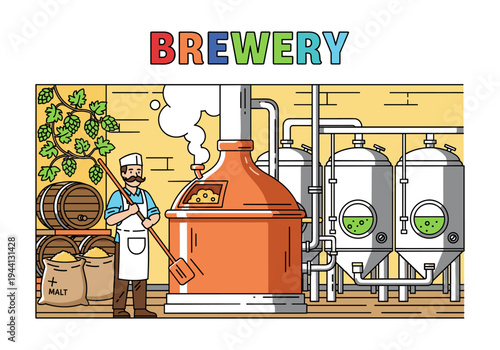 Brewery interior scene with brewer, copper kettle, fermentation tanks, hops, and malt sacks