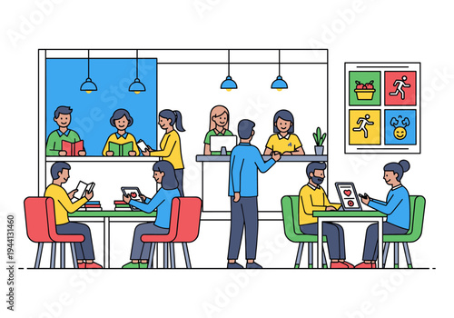 Diverse people engaged in learning and work activities in a modern, bright indoor space