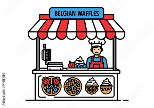 Cartoon Belgian Waffle Stand with Baker and Fresh Fruit Toppings