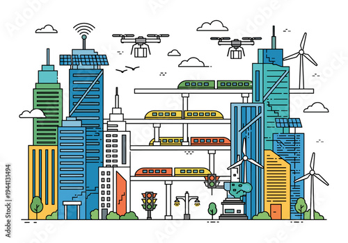 Futuristic city skyline with drones, trains, and wind turbines, representing smart urban development