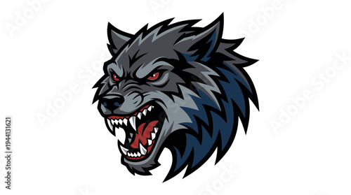 Fierce wolf head illustration showcasing sharp teeth and intense eyes, suitable for branding