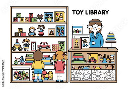Children choosing toys from a library shelf with a librarian assisting them