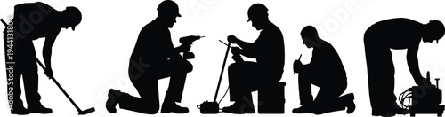 Construction worker silhouette set with power drill kneeling and standing poses for manual labor cad drawing flat vector illustration