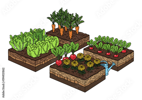 Raised garden beds overflowing with fresh vegetables and vibrant marigolds