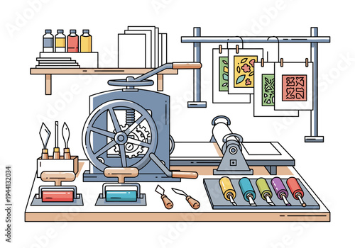 Art studio setup with printing press, tools, and colorful inks for creative projects