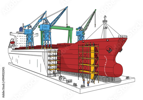 Shipyard scene with large vessel under construction, cranes, and workers