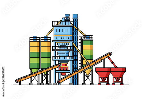 Modern industrial concrete batching plant with silos and conveyor belts, flat design