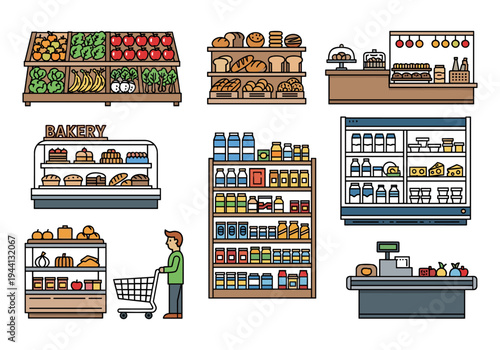 Illustration of a grocery store interior with various food displays and a checkout counter