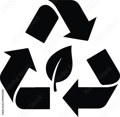 Black recycling symbol with leaf in center surrounded by three arrows recycle sign black and white