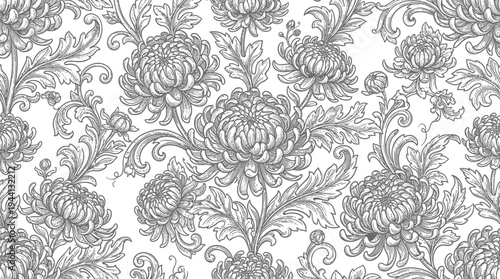 Intricate floral pattern featuring detailed chrysanthemums and ornate leaves on a light background