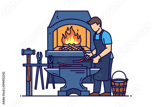 Blacksmith working at a forge with anvil and tools, creating metalwork with fire and hammer