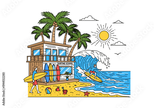 Surfing school on a tropical beach with palm trees and a surfer riding a wave